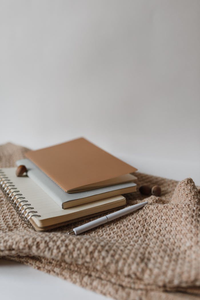 Flat lay of notebooks and a pen on a neutral brown knit surface, styled in a minimalist manner.